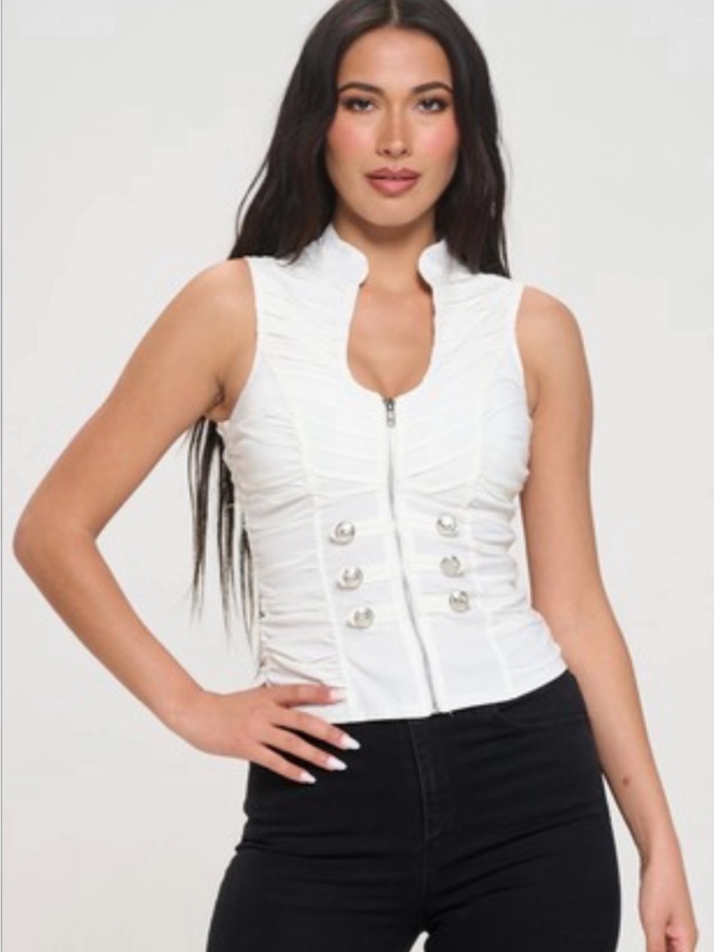 Sleeveless White Ruched Zip-Front Top with Decorative Buttons